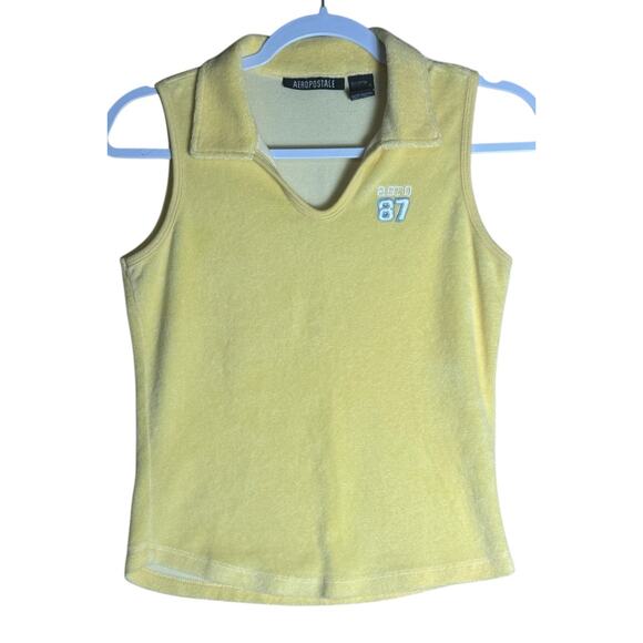 Y2K Aeropostale A87 Yellow Terry Cloth Sleeveless Polo Top Sz S Preppy Sporty - Picture 2 of 6